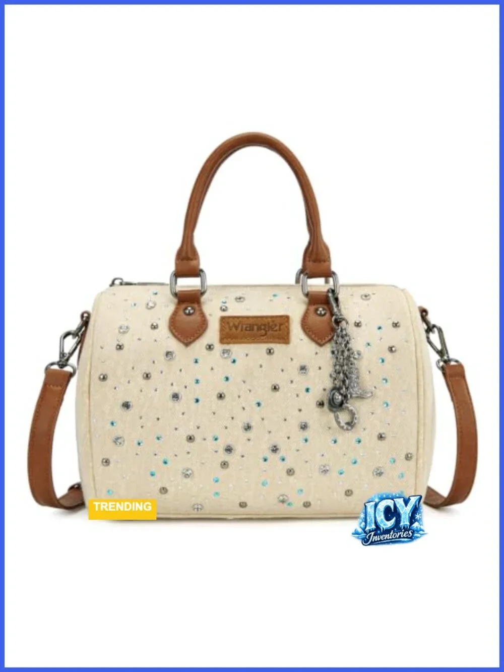 Denim Rhinestone Barrel Bag - Y2K Satchel Purse with Adjustable Crossbody Strap